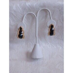 Gold Plated Twist Rope Black Enamel Scalloped Half Hoop Post Earrings 1 Inch